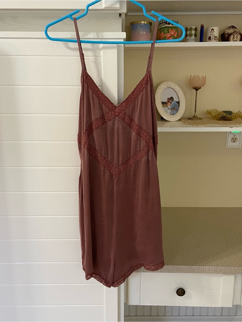 Silky Mauve Lace Trim Slip Romper